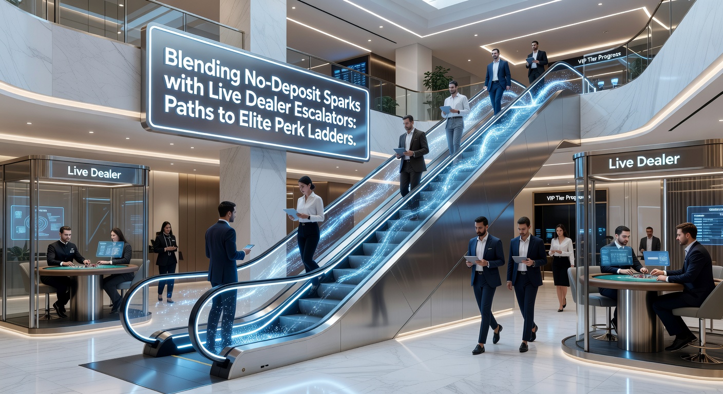 Dynamic graphic showing a spark of no-deposit free spins igniting a ladder toward live dealer VIP thrones in an online casino interface