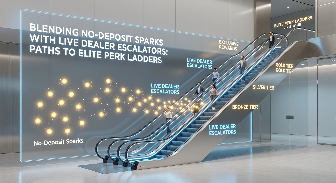 Vibrant scene of a player climbing a glowing escalator from no-deposit spins through live dealer tables to a VIP crown in a casino reward system