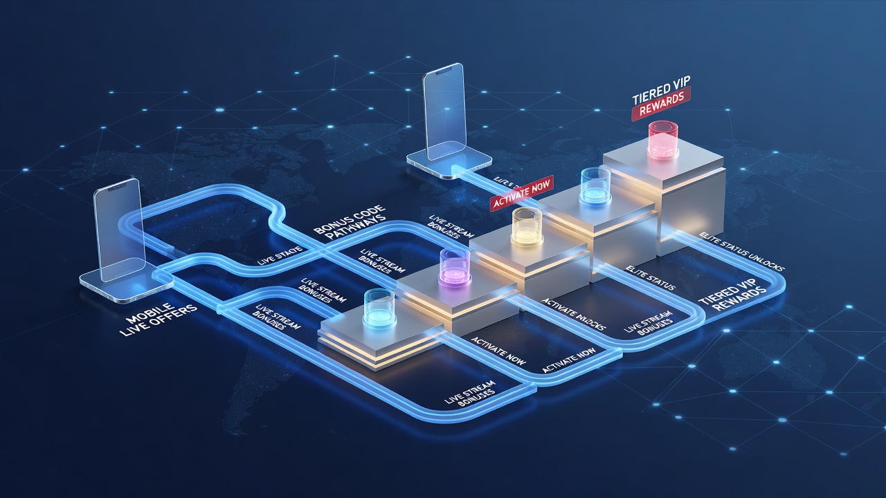 Illustration of bonus code pathways connecting mobile live casino features with progressive VIP reward structures across digital gaming platforms