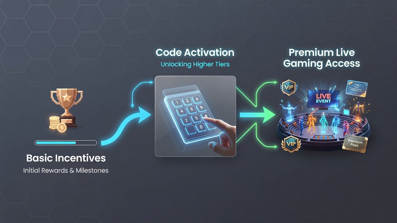 Diagram of bonus code activation leading to live casino VIP access