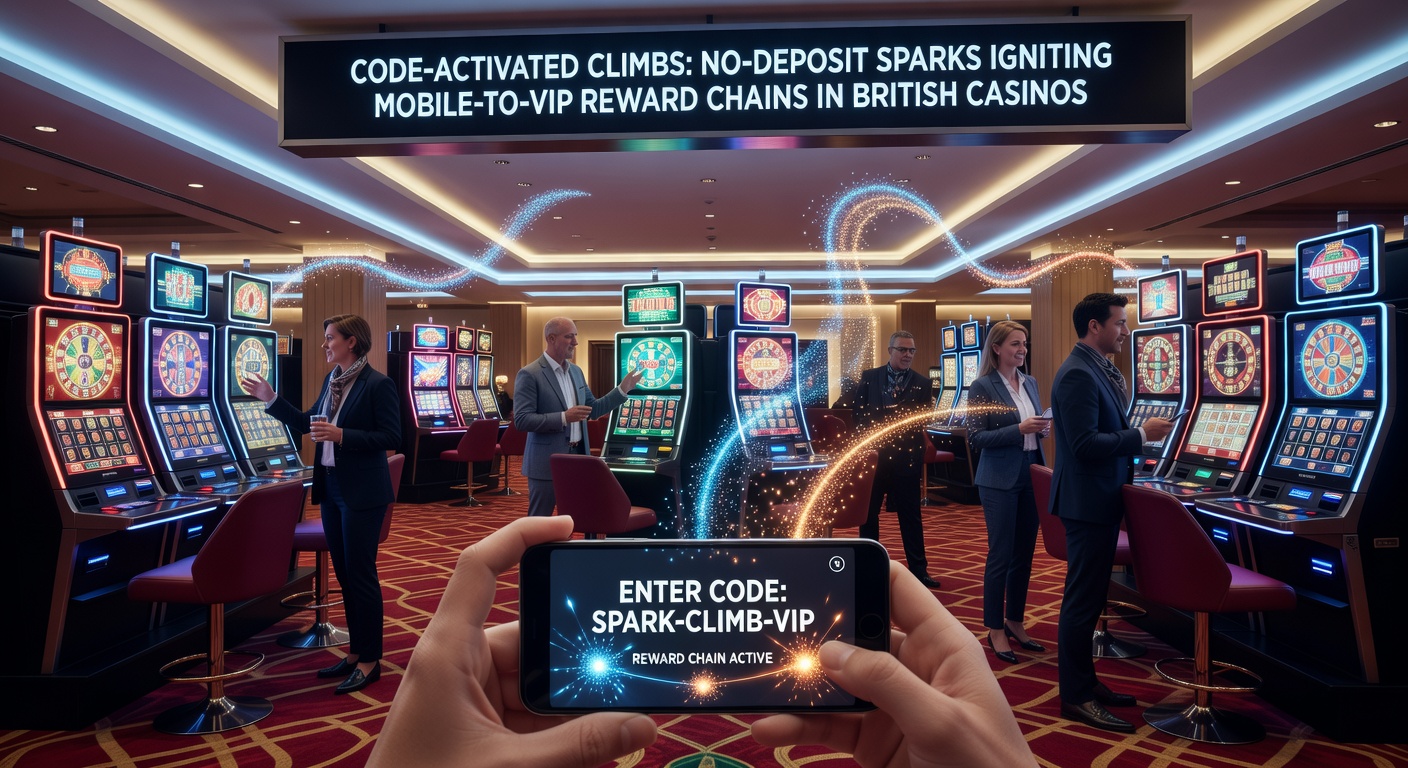 Vibrant mobile casino screen displaying a promo code entry sparking a cascade of no-deposit free spins leading toward a glowing VIP ladder