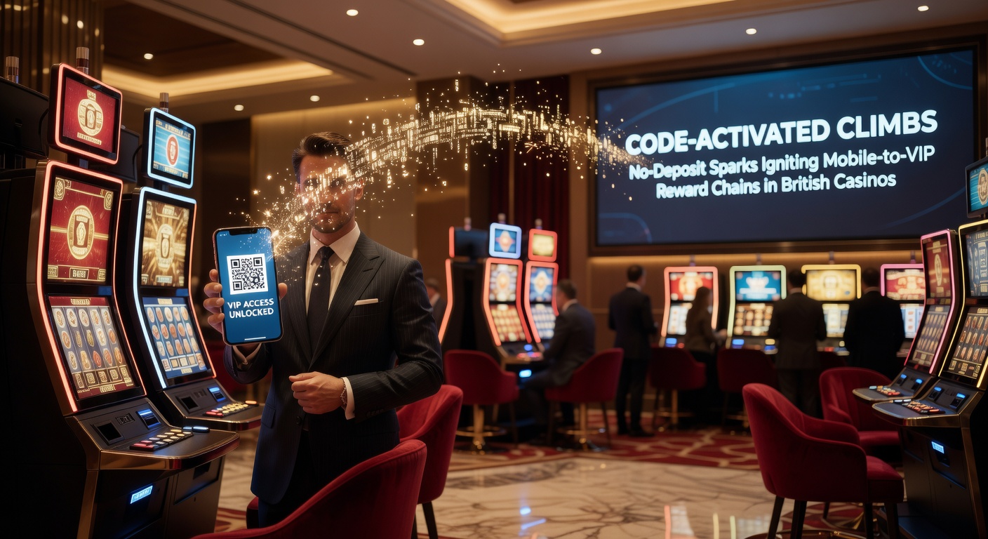 Dynamic illustration of a smartphone user entering a promo code, unleashing a chain of bonus icons climbing toward an elite VIP crown amid casino slot reels