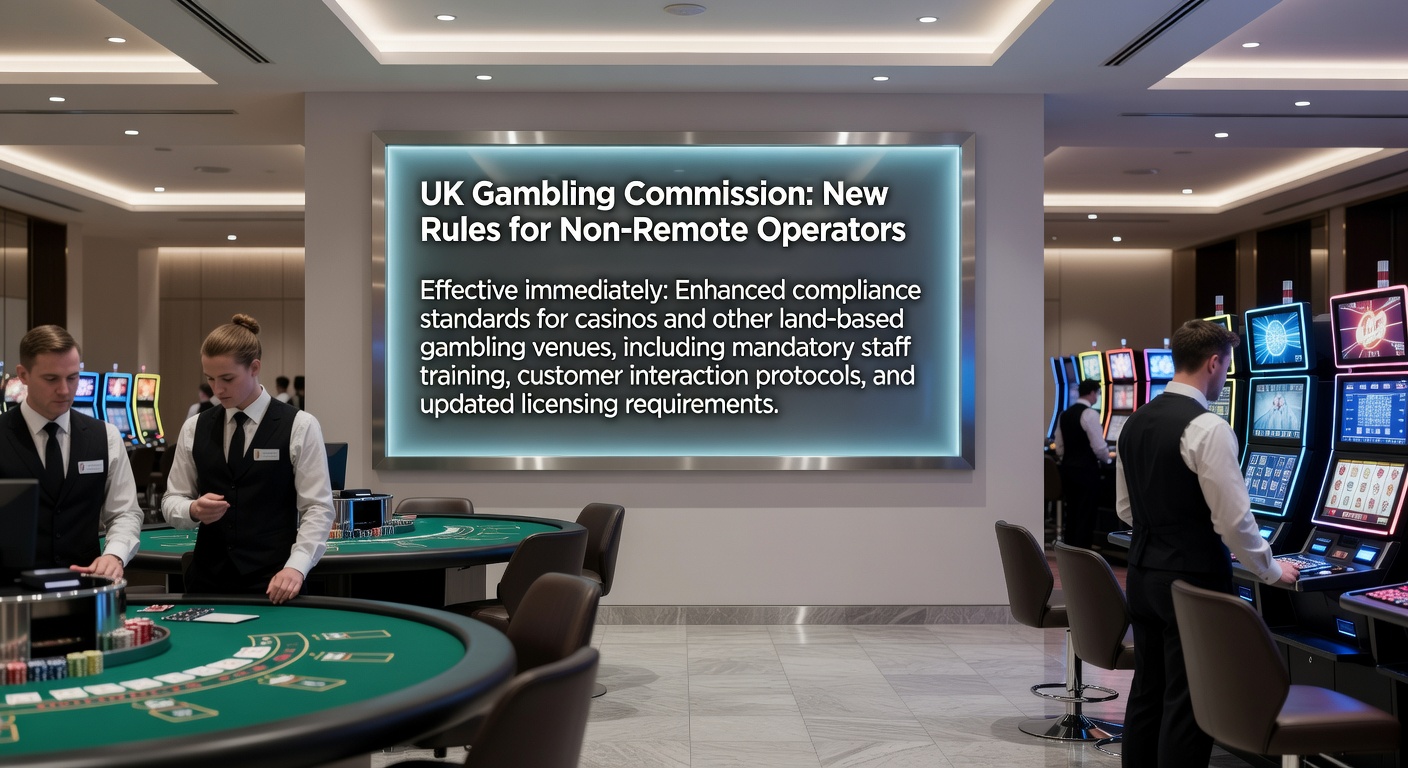 Close-up of UK Gambling Commission logo overlaid on a casino gaming machine display, highlighting regulatory oversight in the land-based gambling sector