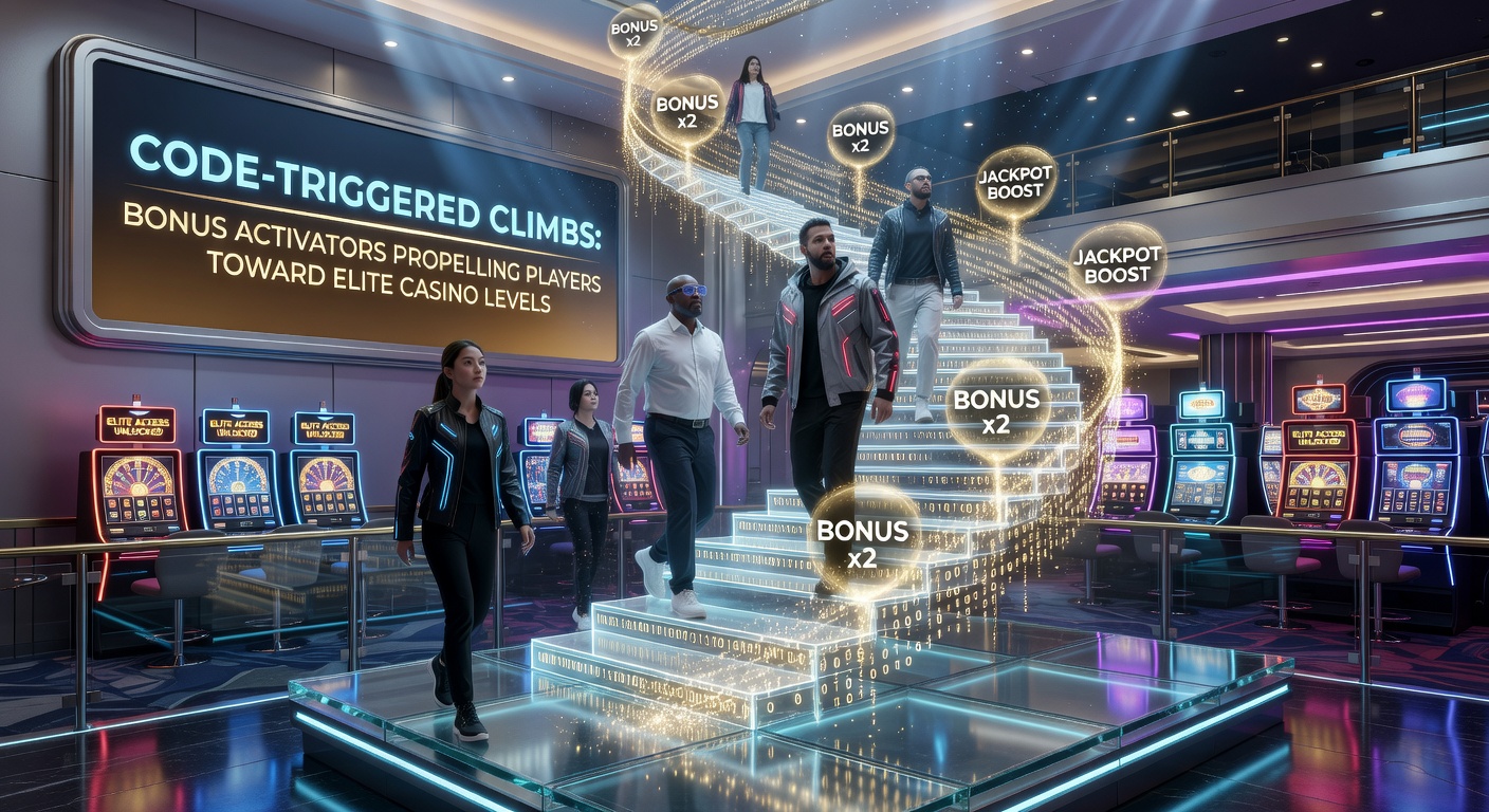 Digital screen displaying casino promo code entry with loyalty ladder climbing toward VIP crown icon, surrounded by glowing bonus chips and slot reels