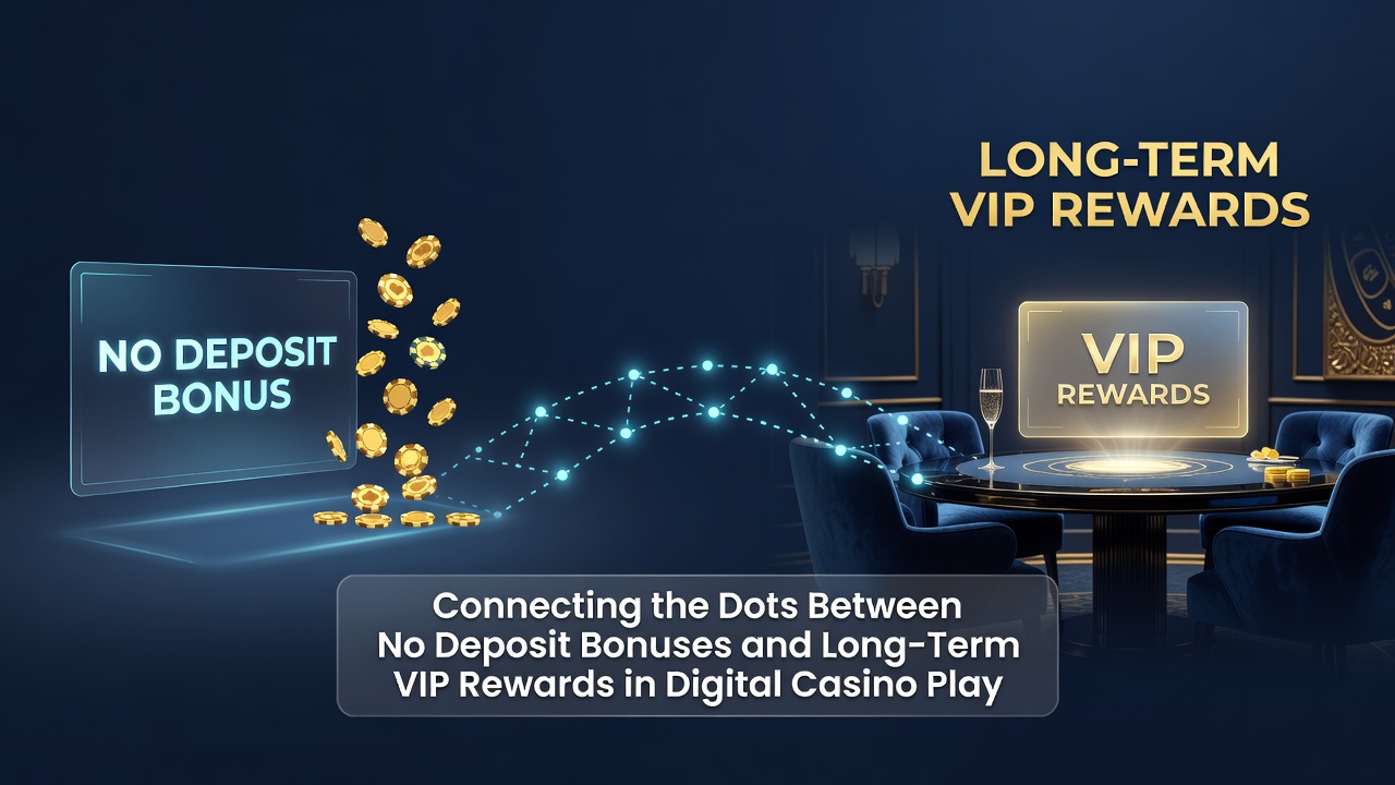 Infographic showing player journey stages from no deposit bonus activation through VIP tier unlocks