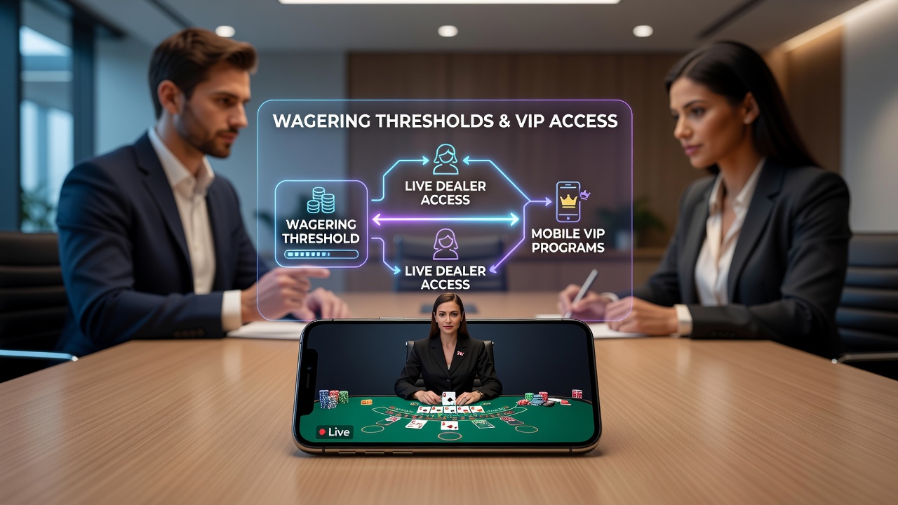 Mobile screen showing live dealer blackjack table with VIP status indicators and wagering progress bar