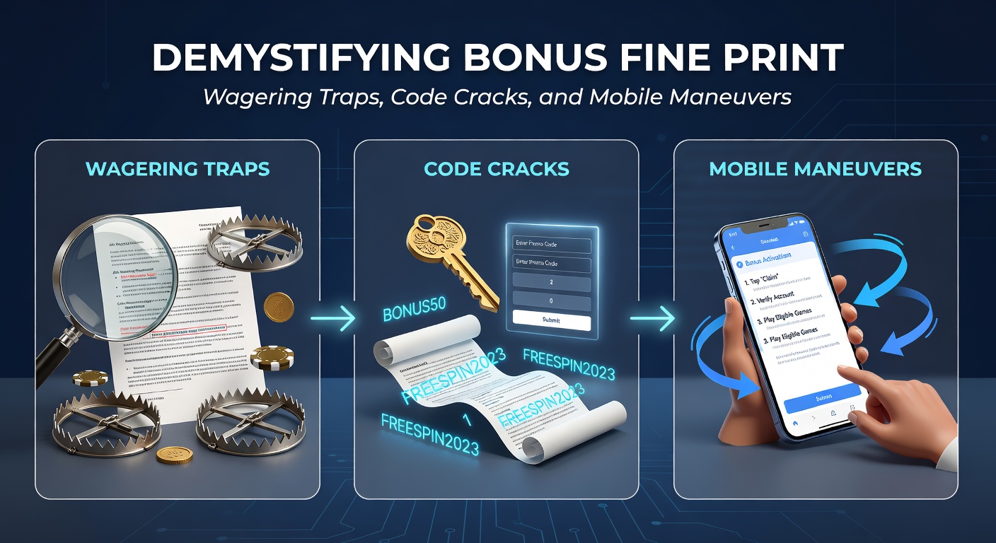 Smartphone screen displaying a casino app with an entered promo code unlocking a bonus offer, alongside wagering details popping up