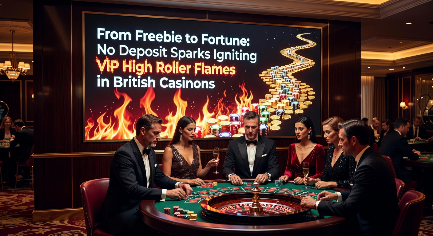 A vibrant casino scene showing slot machines lighting up with wins, symbolizing the journey from free bonuses to high-stakes VIP action