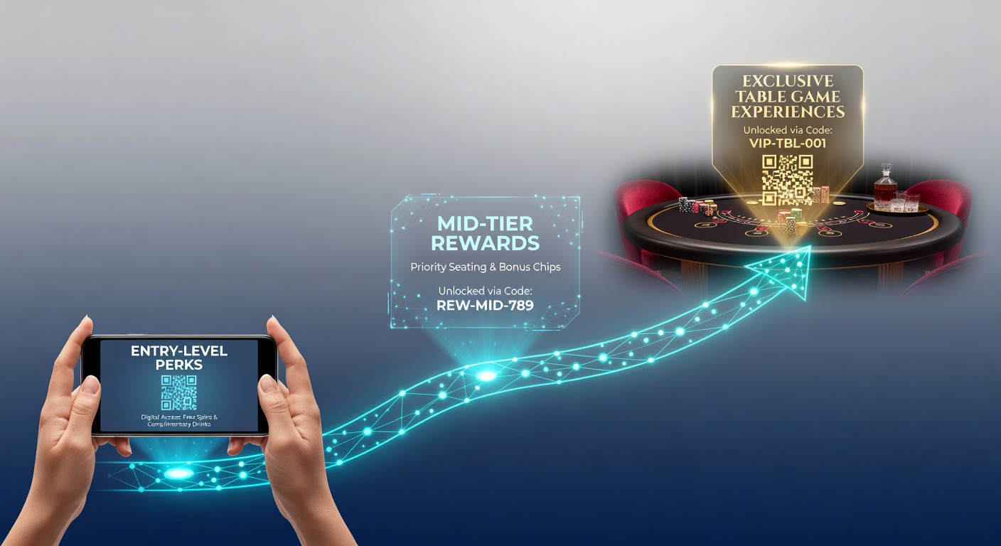 Illustration showing mobile device displaying casino reward progression from basic perks to exclusive table games