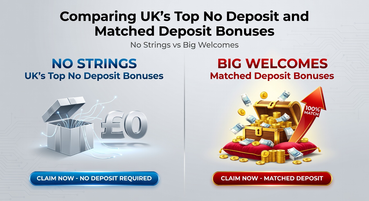 Graphic comparing no-deposit free spins icons against stacked deposit match coins in a UK flag-themed casino backdrop