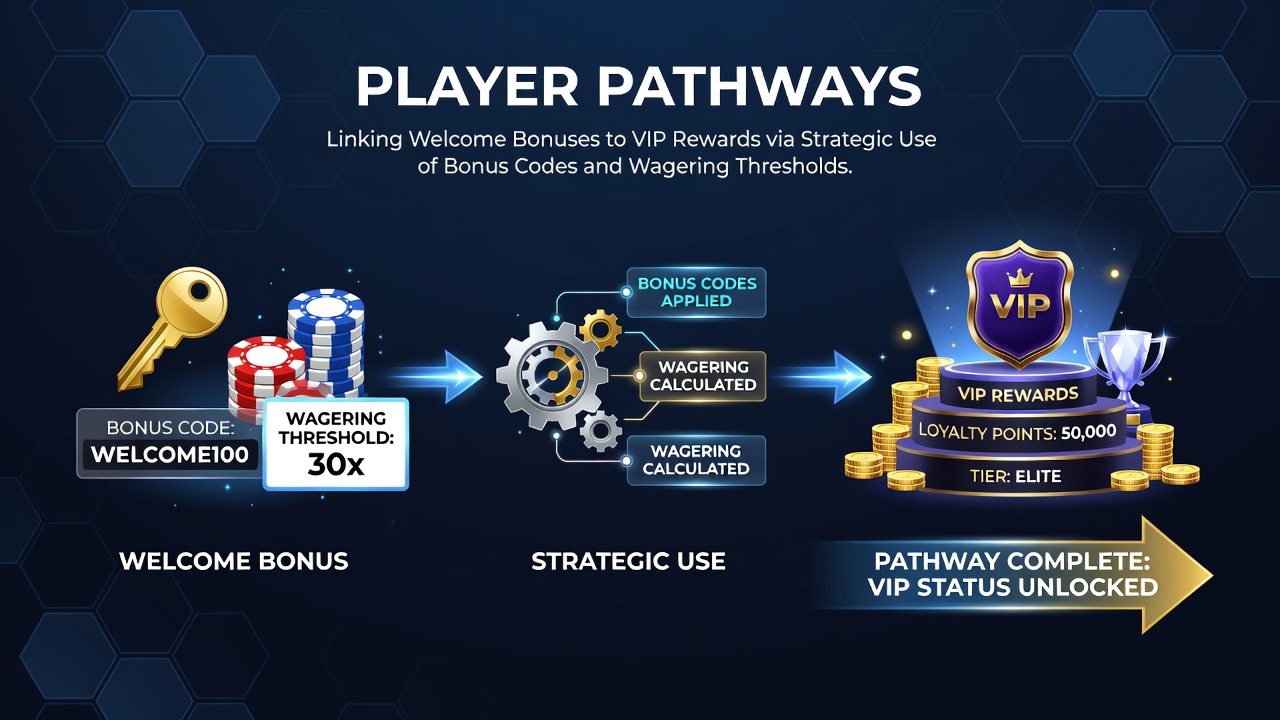 Casino interface showing bonus code entry and progression to VIP levels
