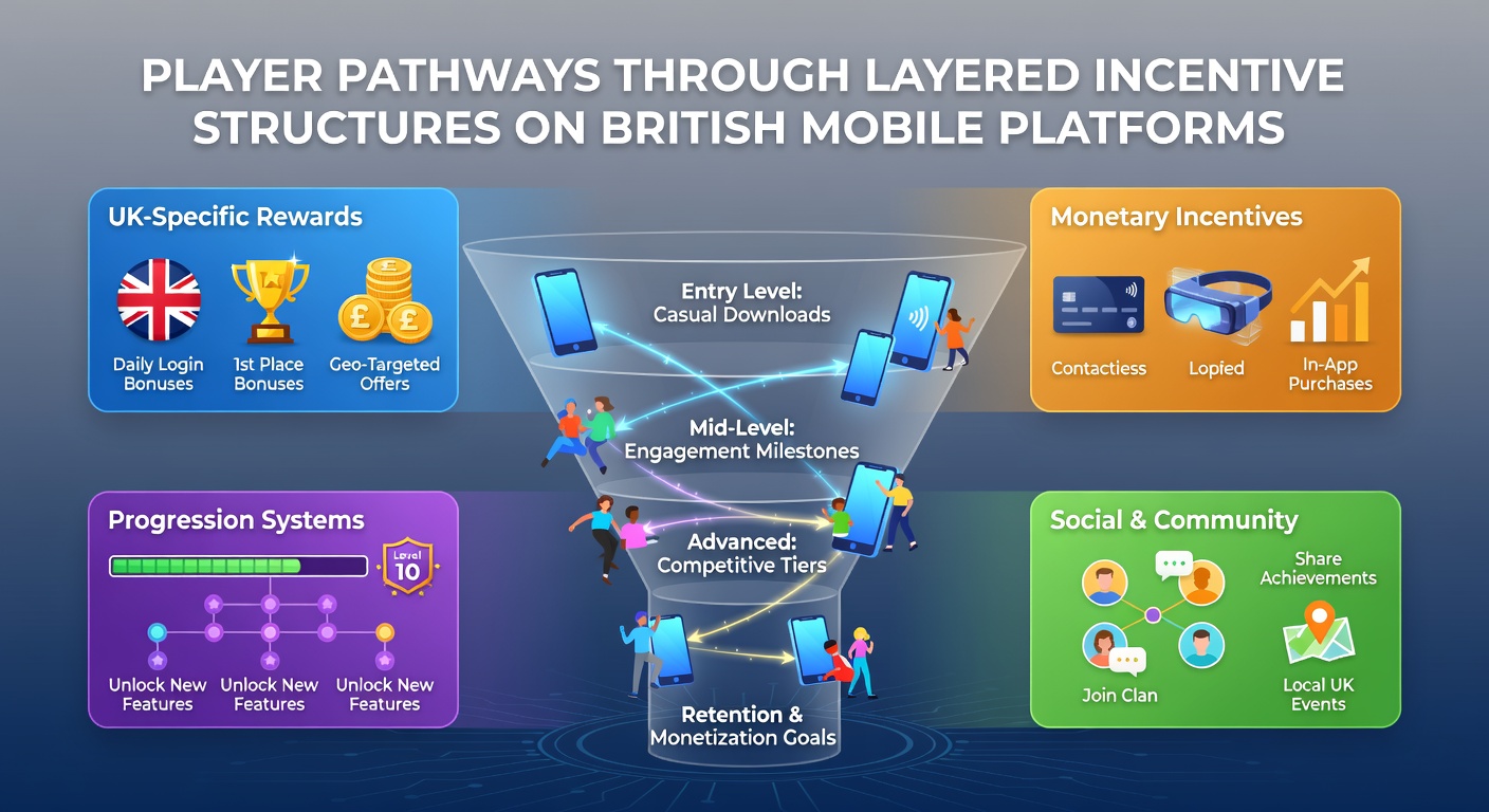 Mobile device displaying layered reward tiers and progression paths in a British gaming app interface