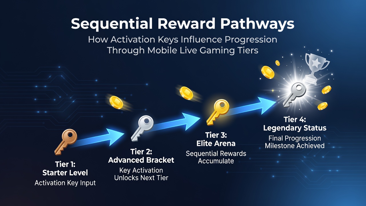 Mobile device displaying sequential reward pathways and tier progression in live gaming environments