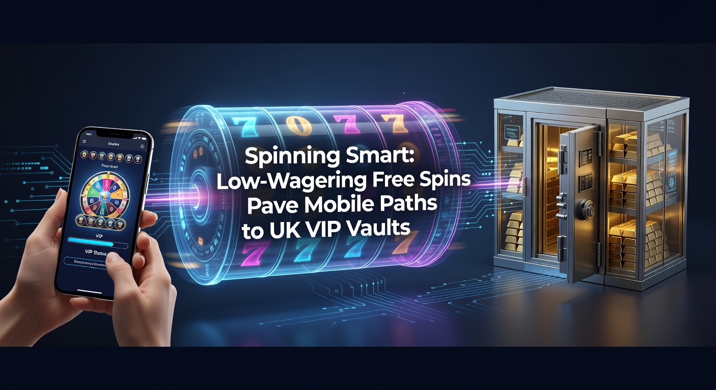 Smartphone screen showing a mobile casino app with low-wagering free spins promotion and VIP ladder preview