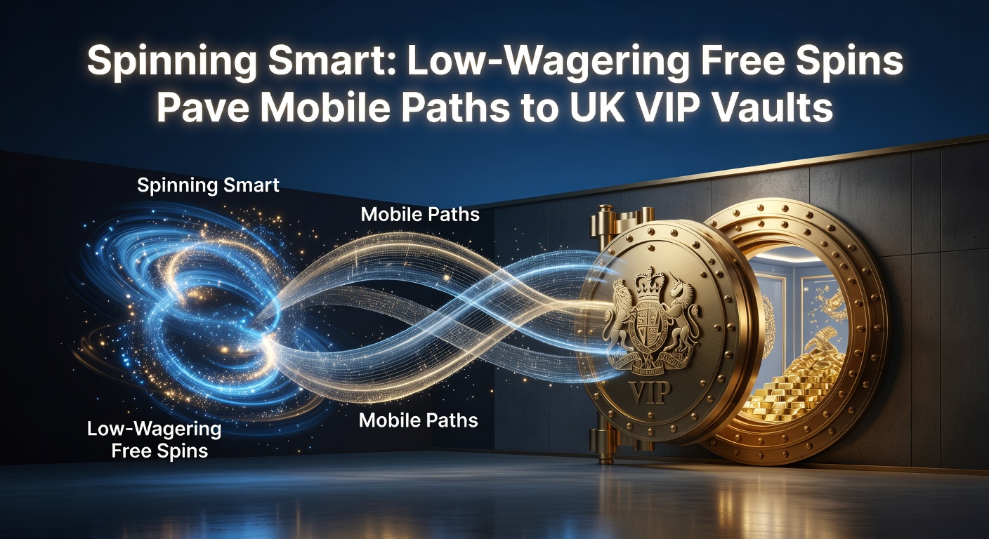 Illustration of a golden VIP vault door opening via a mobile phone path lined with free spin icons and wagering milestones