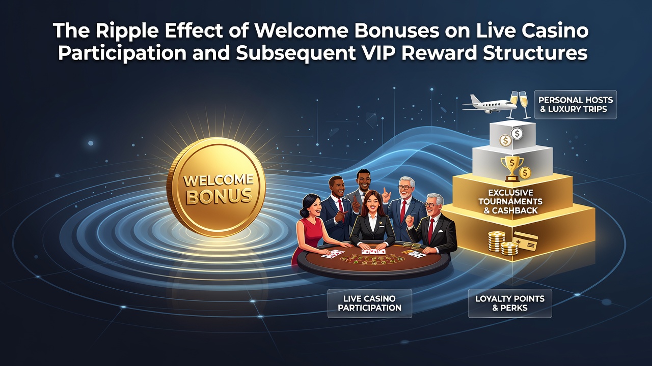 Illustration showing welcome bonuses leading players into live casino tables and upward to VIP tiers