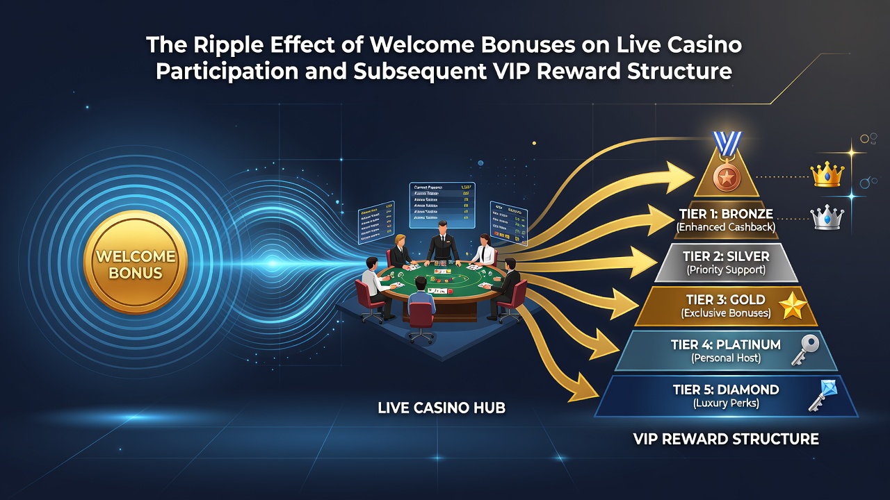 Diagram of player journey from welcome bonus claim through live casino sessions to VIP reward unlocks