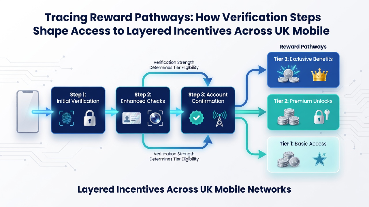 Infographic showing verification stages and corresponding reward pathway unlocks on UK mobile devices